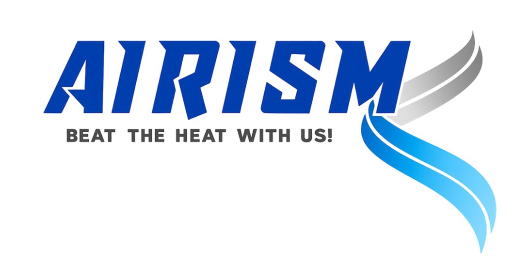 Logo for AIRISM featuring the brand name in bold blue letters with a stylized silver and blue wave design, and the tagline "Beat the Heat with Us!" in smaller text below.
