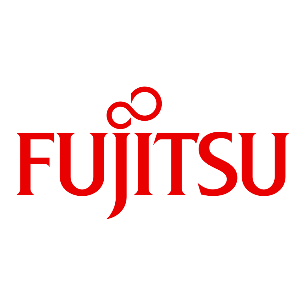 Fujitsu logo in red with infinity symbol above the letters.