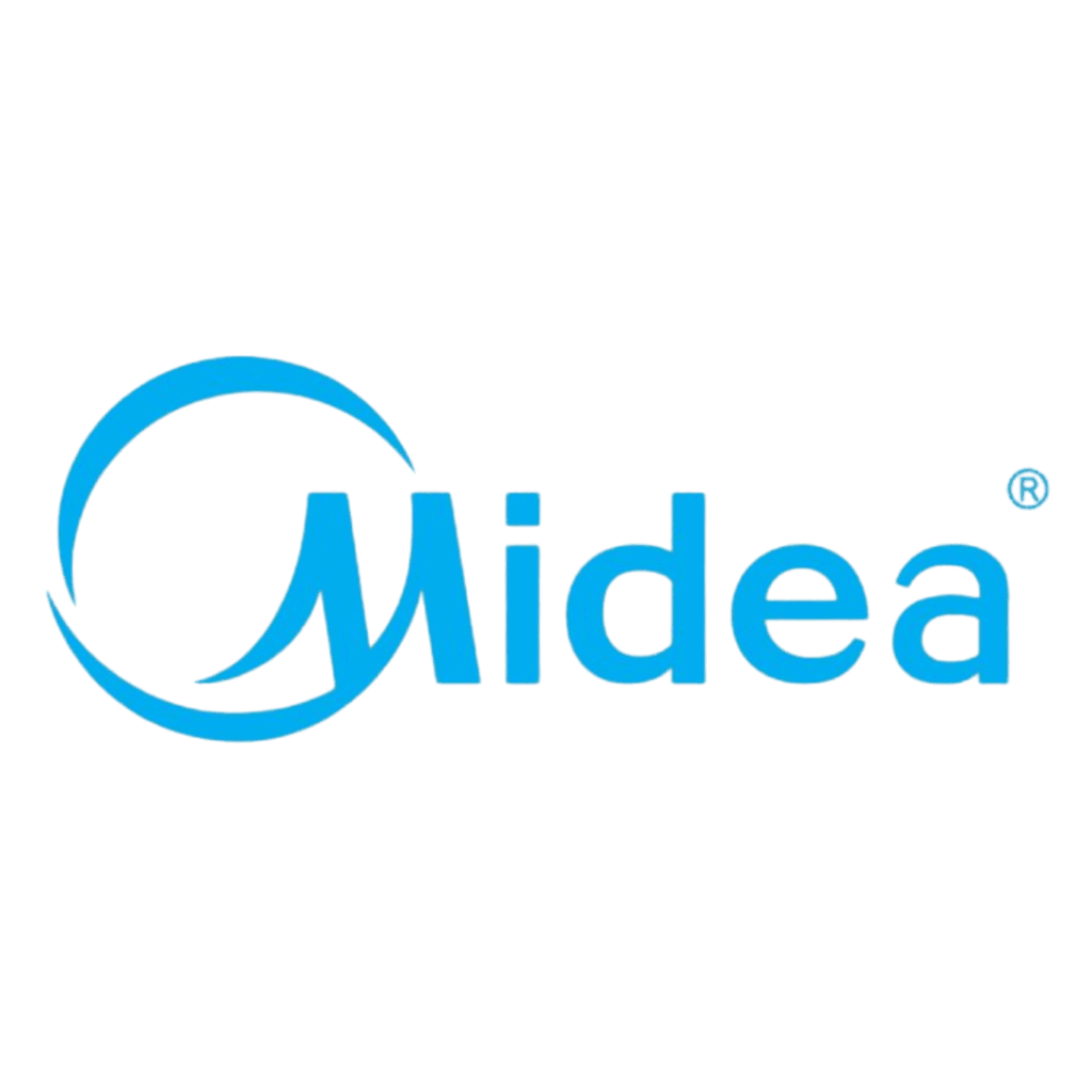 Midea logo in light blue with circular design.