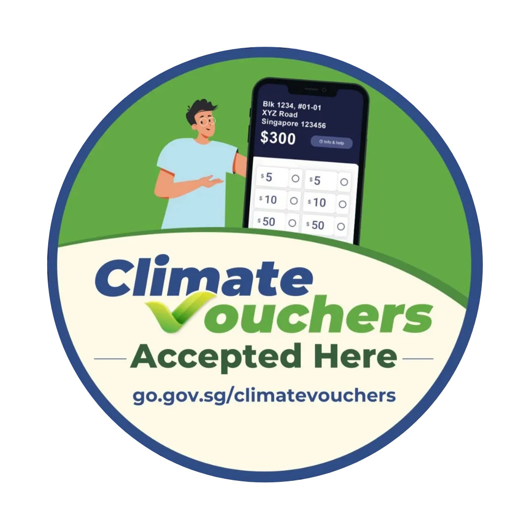 Climate Vouchers Accepted Here sign with a person holding a phone showing $300 voucher balance.