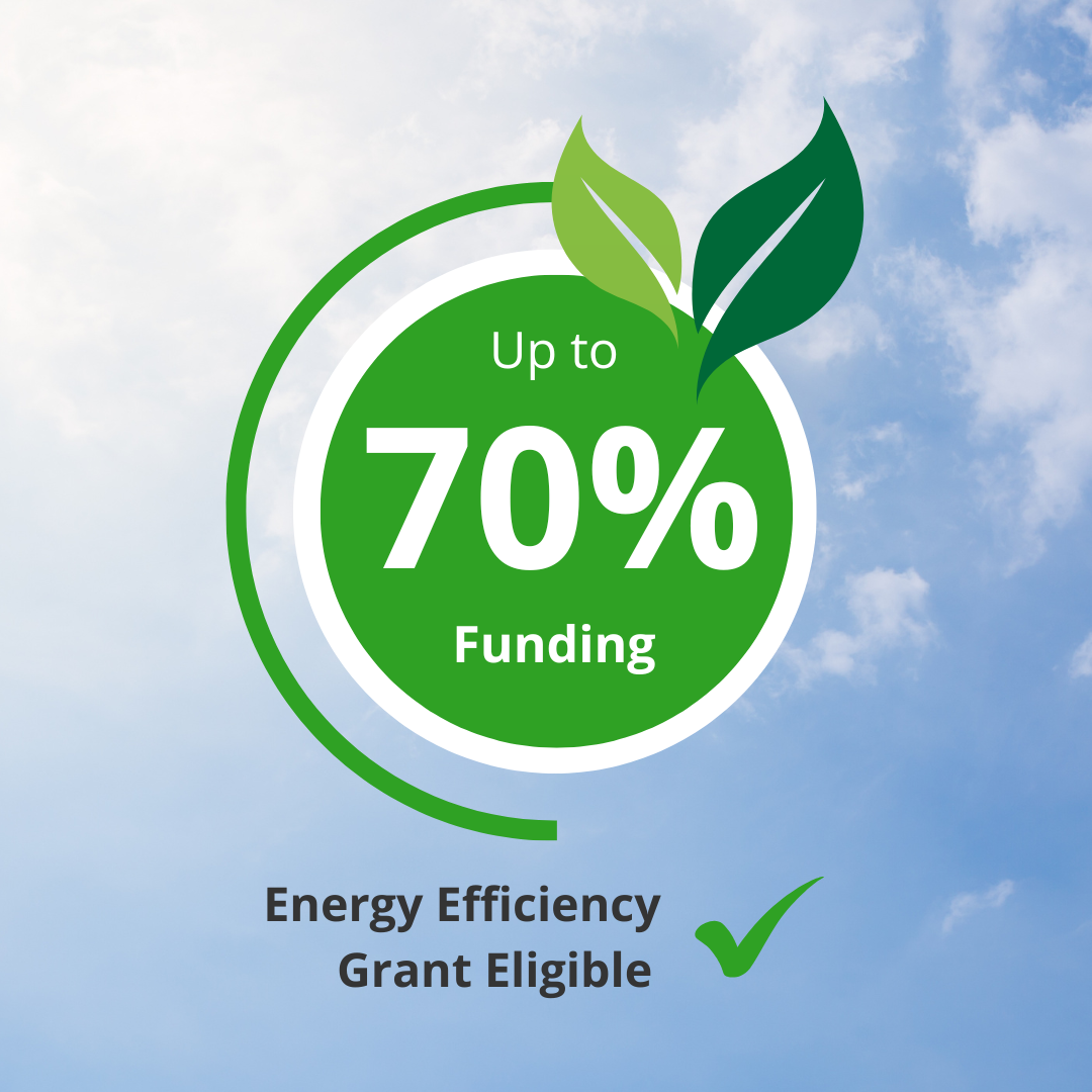 Green circular badge with leaves showing 'Up to 70% Funding' and text below stating 'Energy Efficiency Grant Eligible' with a check mark.