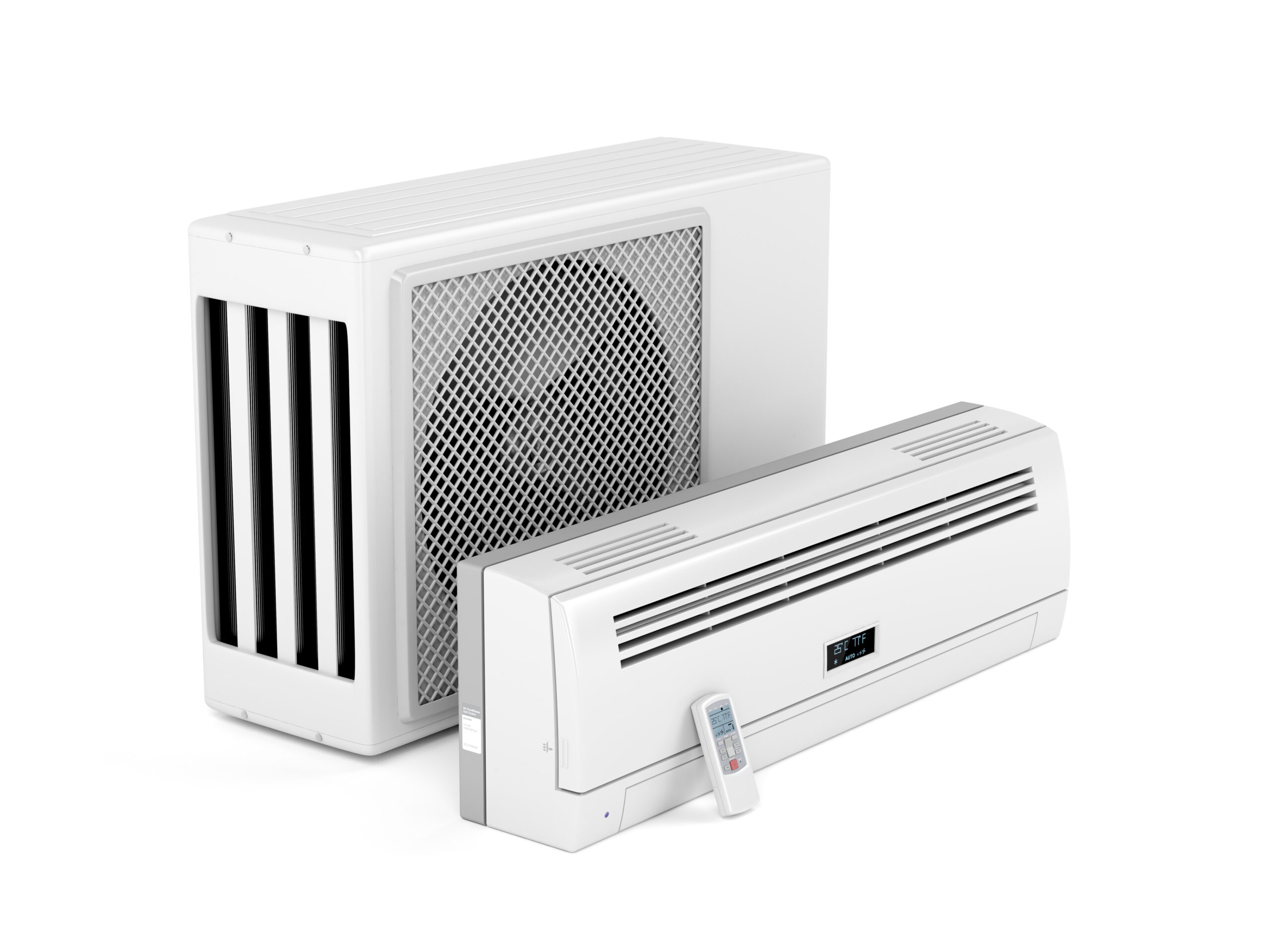 Split-type air conditioner with indoor and outdoor units and remote control Description: A modern split-type wall-mounted air conditioner system consisting of an indoor cooling unit, an outdoor compressor unit, and a remote control for convenient operation.