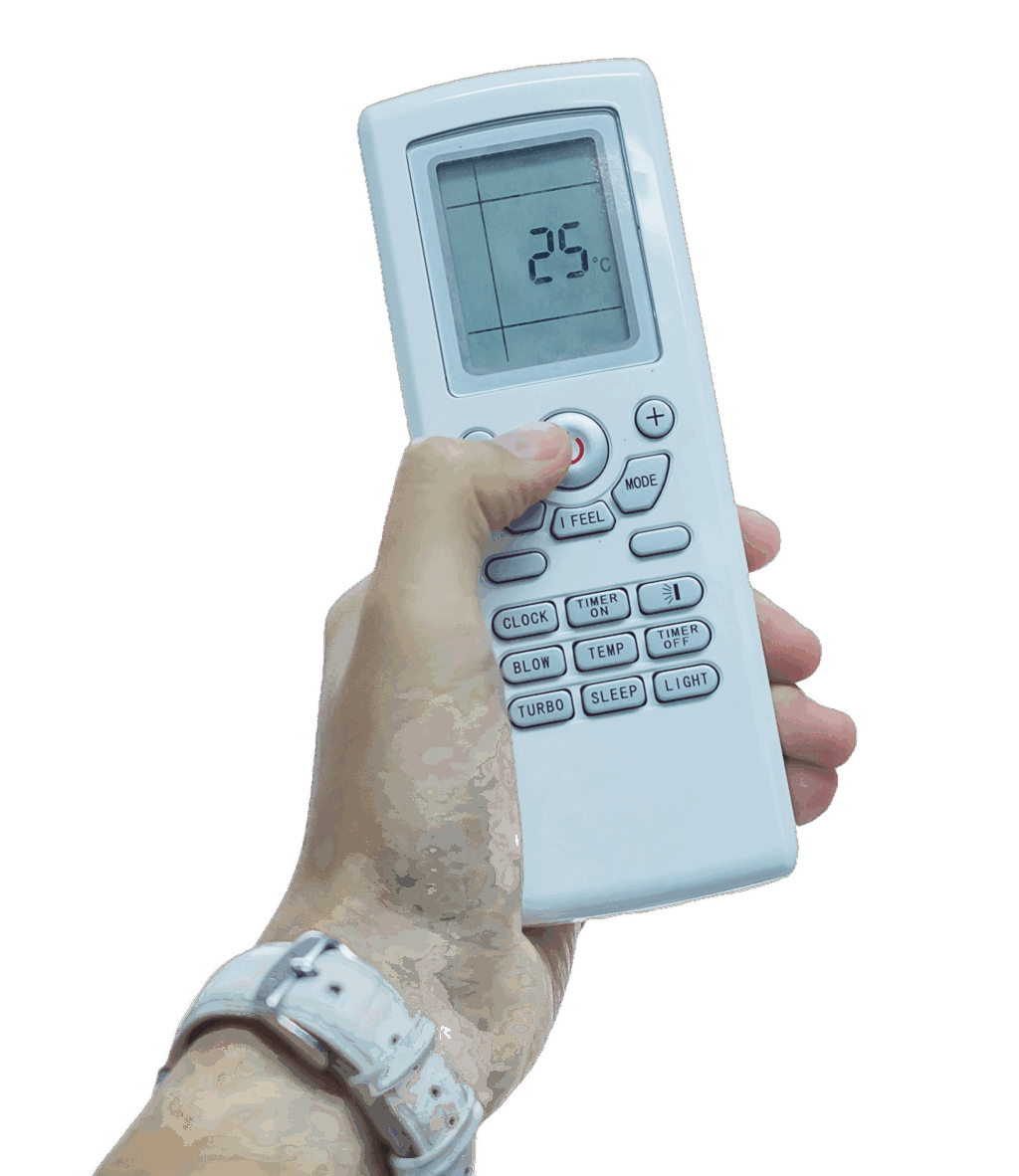 Hand holding a white air conditioner remote control set to 16 degrees Celsius