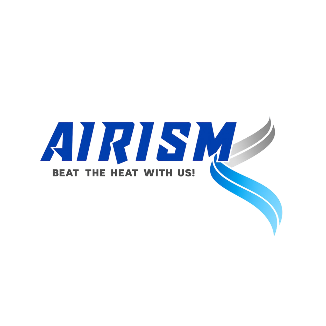 Logo for AIRISM featuring the brand name in bold blue letters with a stylized silver and blue wave design, and the tagline "Beat the Heat with Us!" in smaller text below.